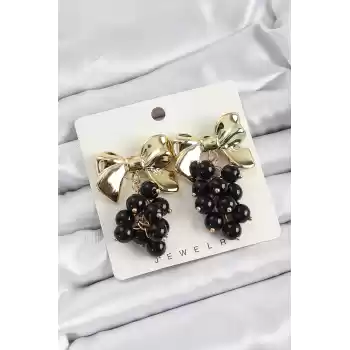 Pirinç Sallantılı Siyah Boncuklu Fiyonk Vintage Model Gold Renk Kadın Küpe