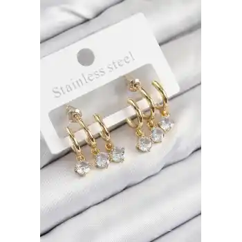 Pirinç Sallantılı Zirkon Taşlı Model Gold Renk Kadın Küpe