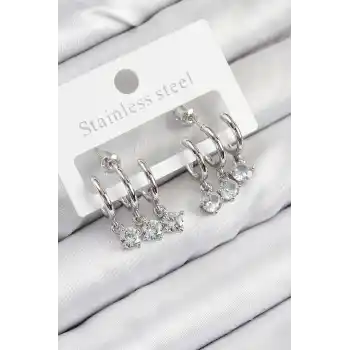 Pirinç Sallantılı Zirkon Taşlı Model Gümüş Renk Kadın Küpe