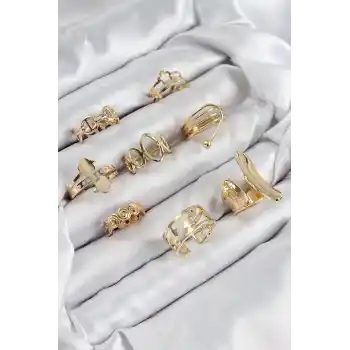 Pirinç Sarmal Ve Yıldız Model Gold Renk Kadın Yüzük Kombin Set