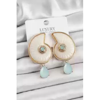Pirinç Sedef Deniz Kabuğu Figürlü Zirkon Taşlı Gold Renk Kadın Küpe