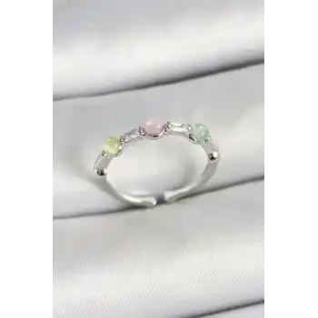 Pirinç Sıralı Boncuk Figürlü Zirkon Taşlı Gümüş Renk Ayarlanabilir Kadın Yüzük