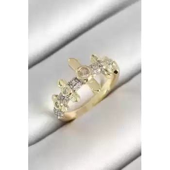 Pirinç Sıralı Çit Figürlü Zirkon Taşlı Gold Renk Ayarlanabilir Kadın Yüzük