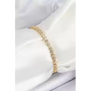 Pirinç Sıralı Çit Model Zirkon Taşlı Gold Renk VİP Seri Kadın Bileklik