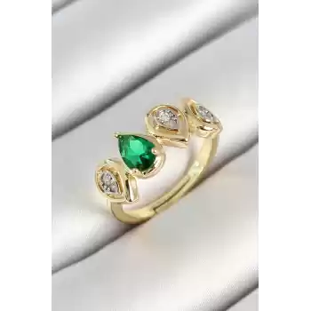 Pirinç Sıralı Damla Figürlü Zirkon Taşlı Gold Renk Ayarlanabilir Kadın Yüzük