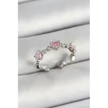 Pirinç Sıralı Kalp Figürlü Zirkon Taşlı Gümüş Renk Ayarlanabilir Kadın Yüzük