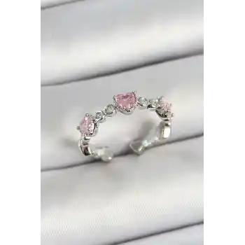 Pirinç Sıralı Kalp Figürlü Zirkon Taşlı Gümüş Renk Ayarlanabilir Kadın Yüzük