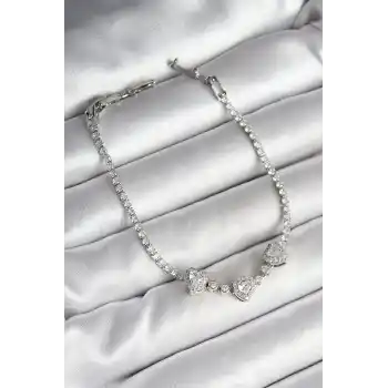 Pirinç Sıralı Kalp Figürlü Zirkon Taşlı Gümüş Renk Kadın Bileklik