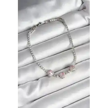 Pirinç Sıralı Pembe Kalp Figürlü Zirkon Taşlı Gümüş Renk Kadın Bileklik