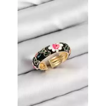 Pirinç Siyah Mineli Çiçek Motifli Gold Renk Ayarlanabilir Kadın Yüzük