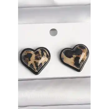 Pirinç Siyah Renk Leopar Desen 3D Kalp Model Kadın Küpe