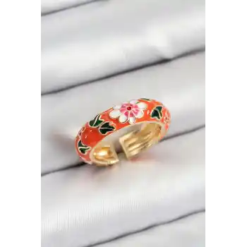 Pirinç Turuncu Mineli Çiçek Motifli Gold Renk Ayarlanabilir Kadın Yüzük
