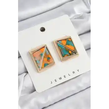 Pirinç  Turuncu Yeşil Üçgen Kesim Detaylı Kare Model Vintage Gold Renk Kadın Küpe