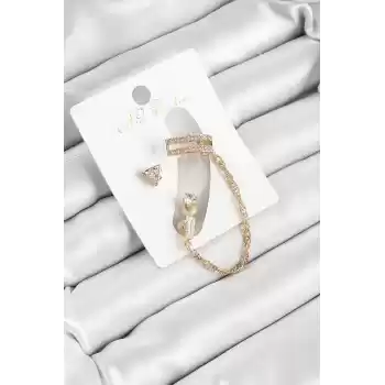 Pirinç Üçgen Figürlü Zirkon Taşlı Gold Renk 3lü Kıkırdak Kadın Küpe Set