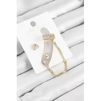 Pirinç Üçgen Figürlü Zirkon Taşlı Gold Renk 3lü Kıkırdak Kadın Küpe Set
