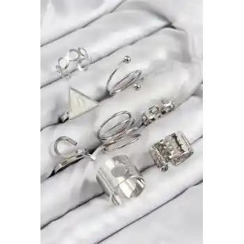 Pirinç Üçgen Model Gümüş Renk Kadın Yüzük Kombin Set