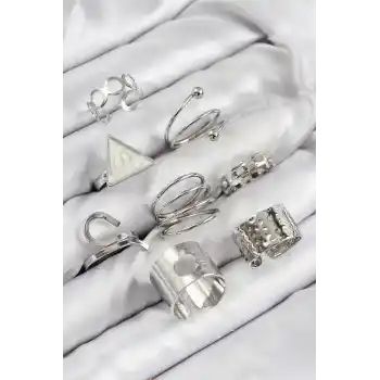 Pirinç Üçgen Model Gümüş Renk Kadın Yüzük Kombin Set