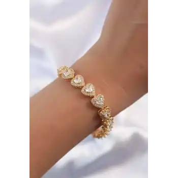 Pirinç Vip Seri Gold Renk Zirkon Taşlı Kalp Model Bileklik