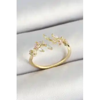 Pirinç Yaprak Figürlü Zirkon Taşlı Gold Renk Ayarlanabilir Kadın Yüzük