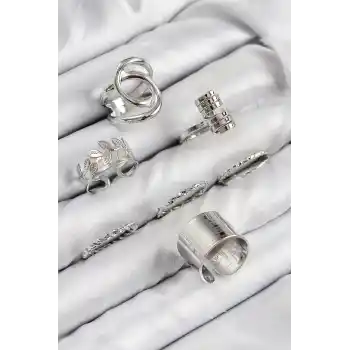 Pirinç Yaprak Model Gümüş Renk Kadın Yüzük Kombin Set