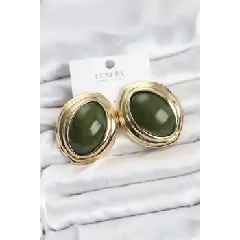 Pirinç Yeşil Badem Model Vintage Gold Kadın Küpe