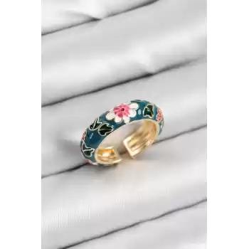Pirinç Yeşil Mineli Çiçek Motifli Gold Renk Ayarlanabilir Kadın Yüzük