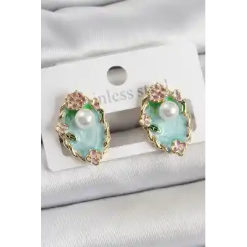 Pirinç Yeşil Mineli İnci Detaylı Sanatsal Portre Model Gold Renk Kadın Küpe