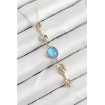 Pirinç Zincir Mavi Gold Renk Zirkon Taşlı Y Kolye