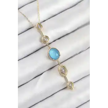 Pirinç Zincir Mavi Gold Renk Zirkon Taşlı Y Kolye