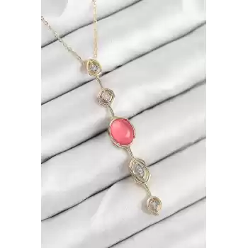 Pirinç Zincir Pembe Gold Renk Zirkon Taşlı Y Kolye