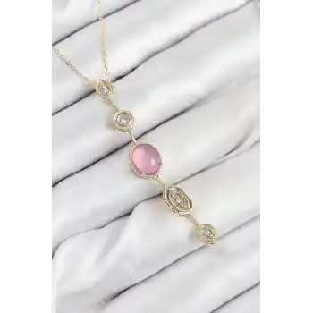 Pirinç Zincir Pembe Gold Renk Zirkon Taşlı Y Kolye