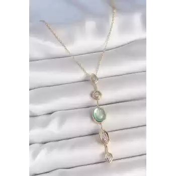 Pirinç Zincir Su Yeşili Gold Renk Zirkon Taşlı Y Kolye