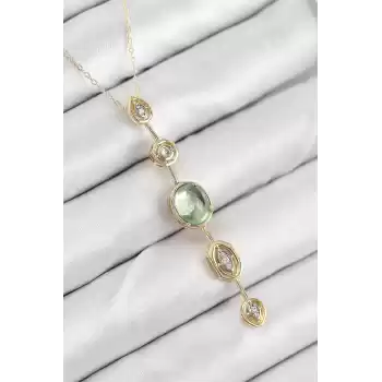 Pirinç Zincir Yeşil Gold Renk Zirkon Taşlı Y Kolye