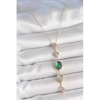 Pirinç Zincir Zümrüt Yeşil Gold Renk Zirkon Taşlı Y Kolye