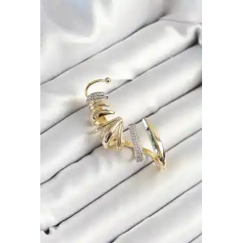 Pirinç Zirkon Taş Kaplamalı Sarmal Figürlü Gold Renk Kadın Sağ Kıkırdak Küpe