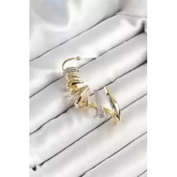 Pirinç Zirkon Taş Kaplamalı Sarmal Figürlü Gold Renk Kadın Sağ Kıkırdak Küpe