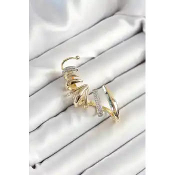 Pirinç Zirkon Taş Kaplamalı Sarmal Figürlü Gold Renk Kadın Sağ Kıkırdak Küpe
