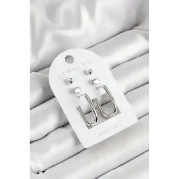 Pirinç Zirkon Taş Ve Dikdörtgen Figürlü Gümüş Renk 3lü Çift Kadın Küpe Set