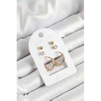 Pirinç Zirkon Taş Ve Halka Figürlü Gold Renk 3lü Çift Kadın Küpe Set