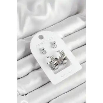 Pirinç Zirkon Taş Ve Halka Figürlü Gümüş Renk 3lü Çift Kadın Küpe Set