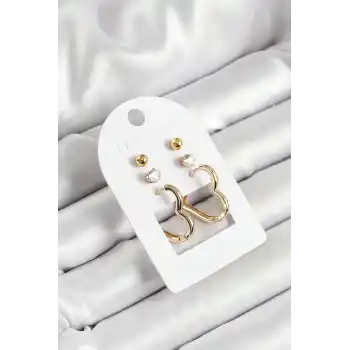 Pirinç Zirkon Taş Ve Kalp Figürlü Gold Renk 3lü Çift Kadın Küpe Set