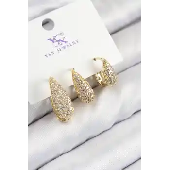 Pirinç Zirkon Taşlı 3lü Damla Model Gold Renk Kadın Küpe