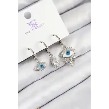 Pirinç Zirkon Taşlı 3lü Fatmanın Gözü Model Gümüş Renk Kadın Küpe