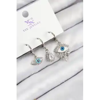 Pirinç Zirkon Taşlı 3lü Fatmanın Gözü Model Gümüş Renk Kadın Küpe