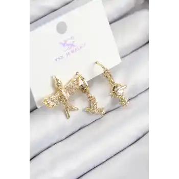 Pirinç Zirkon Taşlı 3lü Kuş Model Gold Renk Kadın Küpe