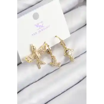 Pirinç Zirkon Taşlı 3lü Kuş Model Gold Renk Kadın Küpe