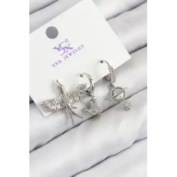 Pirinç Zirkon Taşlı 3lü Kuş Model Gümüş Renk Kadın Küpe