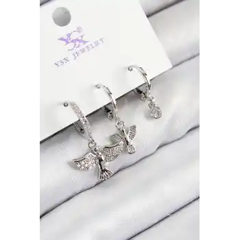Pirinç Zirkon Taşlı 3lü Kuş Model Gümüş Renk Kadın Küpe