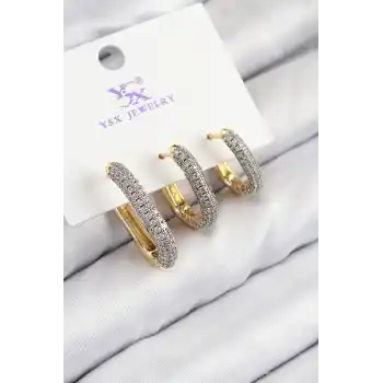 Pirinç Zirkon Taşlı 3lü Oval Dikdörtgen Model Gold Ve Gümüş Renk Kadın Küpe