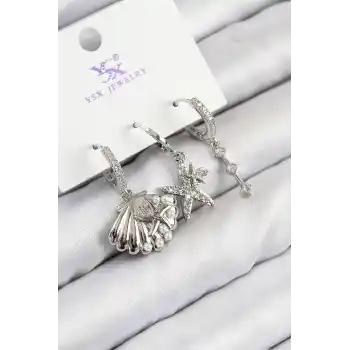 Pirinç Zirkon Taşlı 3lü Yıldız Ve İstiridye Model Gümüş Renk Kadın Küpe